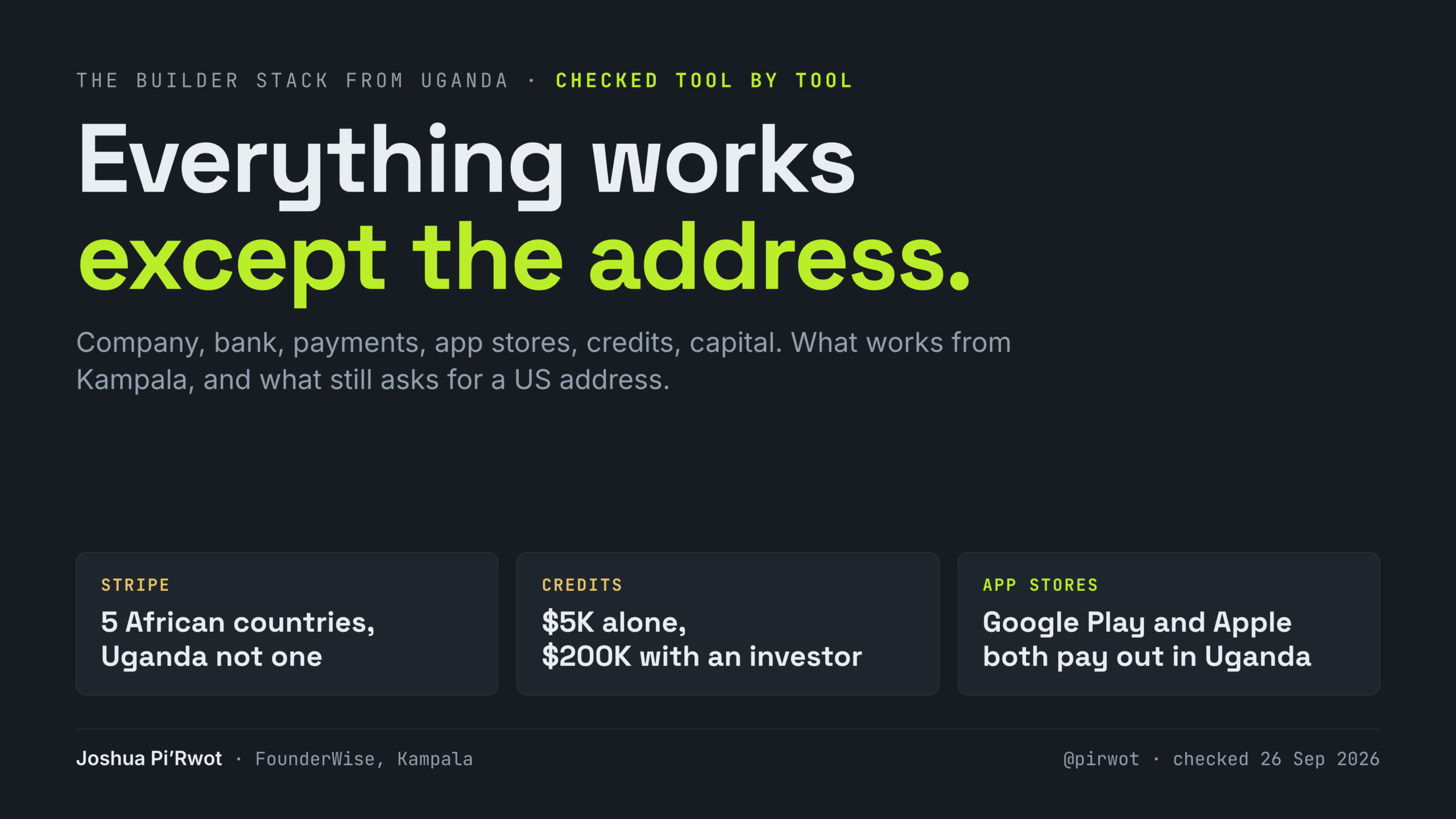 Everything Works Except the Address: The Builder Stack From Uganda, Checked Tool by Tool
